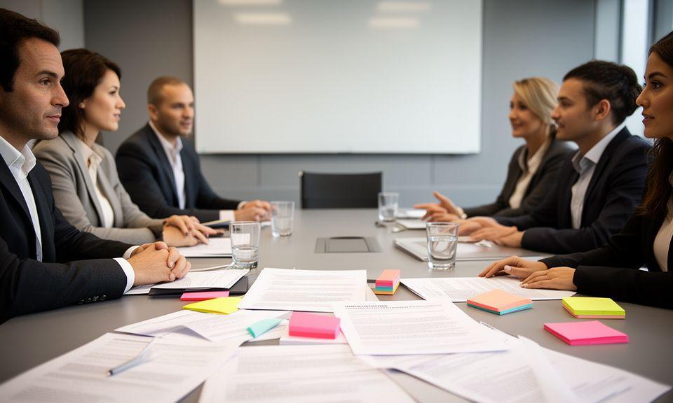 Legal team discussing contract changes around a conference table with annotated papers
