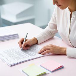 Associate solicitor marking up legal documents at a bright desk with case notes