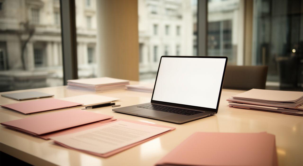 Legal documents and a laptop arranged on a polished desk in a modern London office
